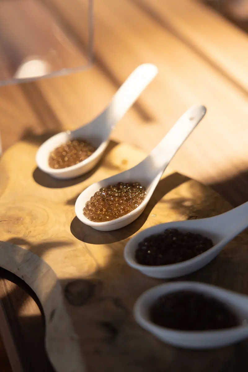 Cocktail caviar spoons prepared during Mr Flavour drinks development